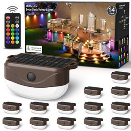 Solar Fence Lights with Remote Control 50ft,15 Multi Colors Solar Powered Outdoor Step Lighting,IP67 Waterproof Led RGBYW Colors Lamp for Outside Fence/Deck/Backyard/Stair Railing/Wall/Patio/Pool