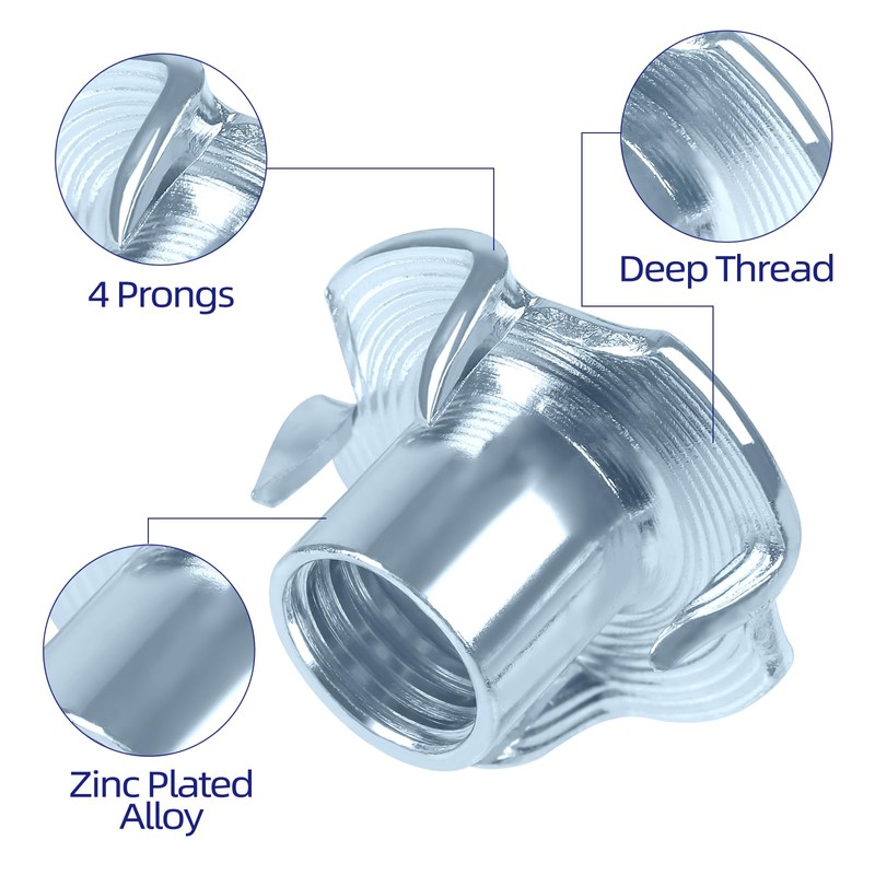 3/8"-16 T-Nuts zinc Plated Steel, 4-Pronged Tee Nut for Wood,