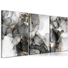3Pcs Abstract Marble Wall Art Black and Gold Bathroom Decor Nordic Watercolor Gray White Fluid Ink Lines Canvas Picture Contemporary Painting Artwork for Living Room Bedroom Office Home Decoration
