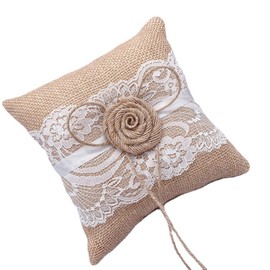 Laurel & Mason Natural Jute Wedding Ring Pillow - Rustic Flower With Lace Cushion Bearer Wedding Decorations 15cm