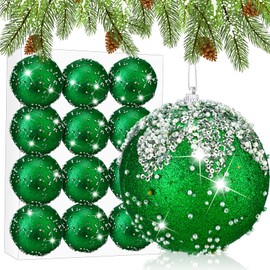 Vercraft 12 Pieces 3 Inch Christmas Ball Ornaments Glitter Sequin Balls Christmas Tree Balls Shatterproof Decorative Ball Xmas Bauble Set Xmas Hanging Ball for Christmas Holiday Decor (Green)