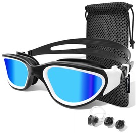 Fulllove Swimming Goggles, Tenfold Anti Fog Swim Goggles for Adult Men Women Youth, Anti UV No Leakage with Nose Clip Earplugs(C/Black&White/Blue Mirrored Lens)