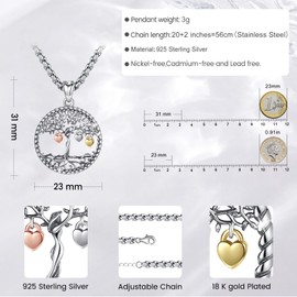 Eusense Tree of Life Pendant Necklace 925 Sterling Silver Gifts for Father's Day Jewellery for Mother Women Girls, Sterling Silver, No Gemstone