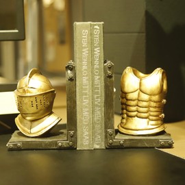 VICTAR DESIGN Antique Helmet Armor Bookend (Set of 2) Book Ends for Shelves Decor for Desktop Home Office Anti-Slip Base Book Holder Figurine Unique Decoration Golden Gift