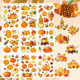 Fall Pumpkin Stickers - 18 Sheets 230 Pcs Fall Thanksgiving Pumpkin Maple Leaf Stickers for Kids Self Adhesive Sticker Decor Autumn Themed Party Favors Gift Fall Thanksgiving Theme Party Supplies