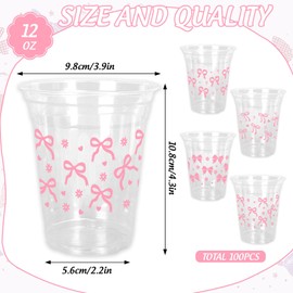 FYSUIMU 100Pcs Pink Bow Disposable Plastic Cups 12Oz Lovely Ribbon Bow Cold Beverage Drinking Cup for Wedding Birthday Bridal Shower Bachelorette Party Supplies