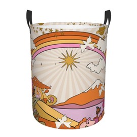 Vintage 70s Hippie Landscape Psychedelic Laundry Basket Waterproof Oxford Fabric Foldable Laundry Hamper Round Portable Dirty Clothes Storage Basket Toy Bin for Bedroom Bathroom College Dorm
