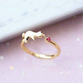 K.L.Y Women's Cat Ring, 925 Silver, Adjustable, One Size Fits Most, Cubic Zirconia, Women's Cute Ring, Pinky Ring, One Size Fits All (Gold), Cubic Zirconia