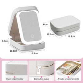Caja de Maquillaje con Espejo, Bolsa de Maquillaje de Viaje con Espejo LED, con Ajustable de Tres Colores, Cosméticos, Accesorios Caja de Almacenamiento Portátil (Blanco)