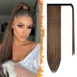 BARSDAR Extensión De Cola De Caballo Recta - 24" De Largo Recta Envolvente Coleta Para Mujer Extensiones De Coleta Con Clip En Extensiones Sintético Marrón Colas De Caballo Postizos Diario - Marrón Má