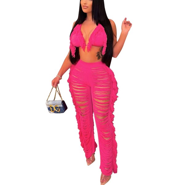 KANSOON Crochet Swim Cover Up Two Piece Bathing Suit Fringe