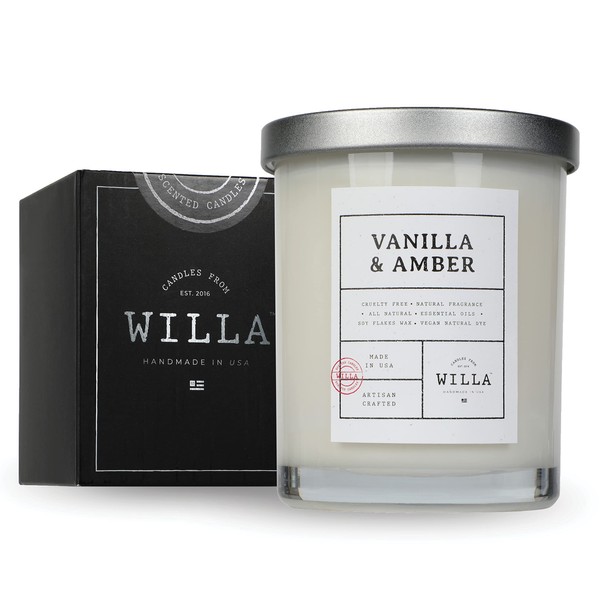 Willa - Vela altamente perfumada de vainilla y ámbar, velas de lujo de cera de soja natural fabricadas en los Estados Unidos con aceites esenciales, lo mejor para un hogar, aromaterapia, regalo/spa/baño, vela en tarro de 9 onzas
