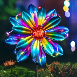 Flower Solar Wind Spinners - 61'' Metal Colorful Spinning Windmill Garden Ligths with LED Outdoor Decorative Stake Lighting Waterproof Flower Sculpture for Patio Yard