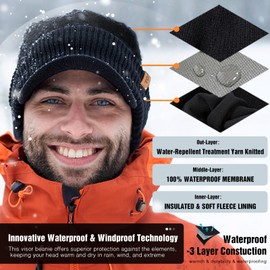 TOP-EX Waterproof 80% Merino Wool Peaked Beanie Hat Men with Earflaps Oversized Winter Hats with Brim Warm Fleece Lined for Big Heads Newsboy Baker Boy Cap for Golf Running Green L/XL