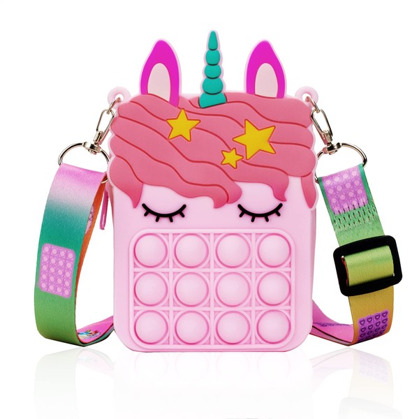 Accevo Pop Bag It Fidget Toys, Popit Push Pop Bubble Anti-Stress Toy Handbag, Pop Unicorn Bags Toy with Length-adjustable Carry Strap for Children Adults (Pink)