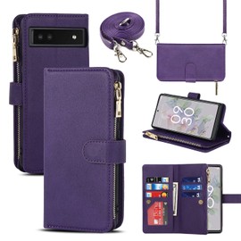 for Pixel 6A Zipper Wallet Case with Crossbody Wrist Strap SunYoo Case ケース 9 Card Holder Leather Cover Kickstand Lanyard Wristlet Women Men Coque for Google Pixel6A Porte Feuille -Purple