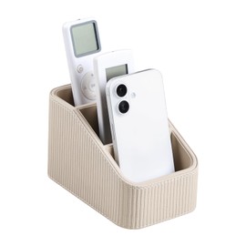 JLAMBOM Remote Control Holder, PU Leather Nightstand Organizer Bedside Caddy with 3 Compartments, Small Desk Organizer for Remote/Pen/Glasses/Phone (Beige)