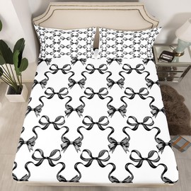 Juego de ropa de cama con lazo negro, tamaño individual, estilo princesa, juego de cama para adolescentes y niños, sábana de cuento de hadas con cinta de lazo cruzada, funda de cama negra y blanca (1