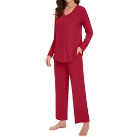 Bestbee Women's Pyjamas Set Plus Size, 2 Piece V Neck Nightwear Set Long Sleeve With Pockets Ladies Pjs Set, 2XL, Red