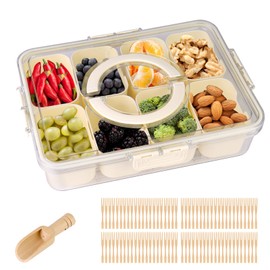 Divided Serving Tray with Handle, Snack Box Container, 1 Wooden Spoon & Mini Bamboo Forks, Snackle Box Charcuterie Container for Portable Snack Platters