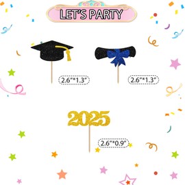 24pcs Class of 2025 Cupcake Toppers, Congrats Grad Cupcake Toppers, Gold Glitter Grad Cap Diploma Cupcake Picks for Graduation, 2025 Grad Party Supplies