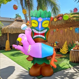 bbioc 5FT Tiki Luau Inflatables Decorations, Tiki Holding Flamingo Blow up Party Beach Decor Hawaiian Party Giant Yard Decoration, Outdoor Built-in LED Lights Lawn Holiday Summer Tropical Outside