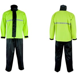 2 PIECE WATERPROOF MOTORBIKE MOTORCYCLE MOTOCROSS REFLECTIVE BLACK RAINSUIT OVERSUIT JACKET TROUSER RAIN SUIT OVER SUIT (M)