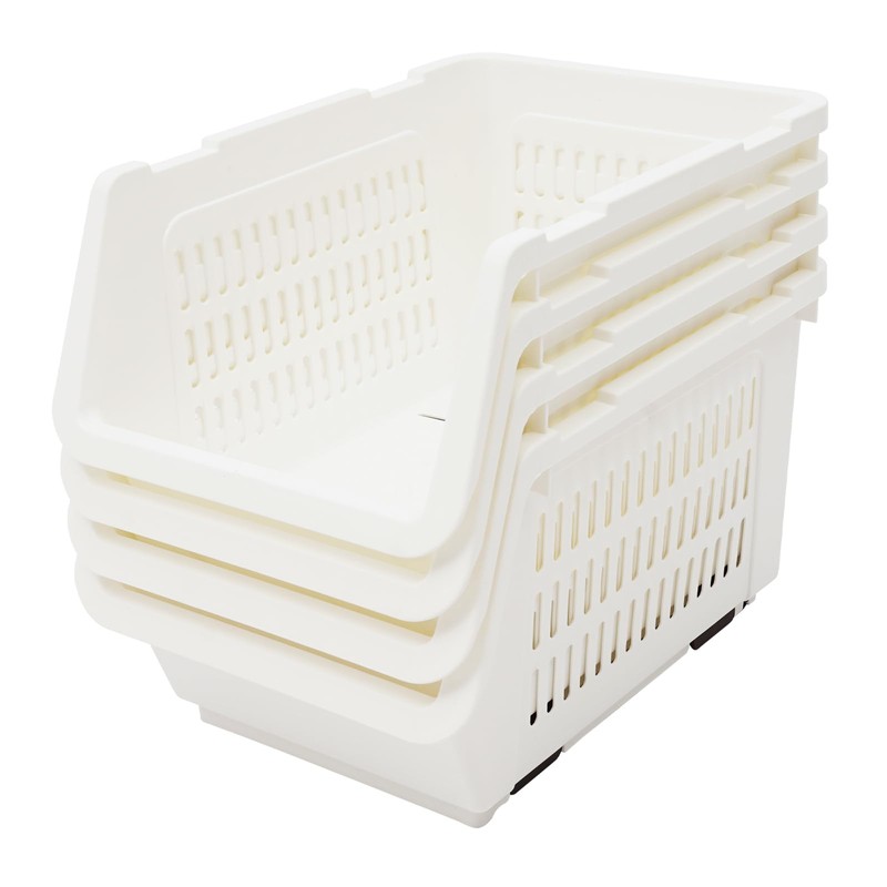 4-Pack Stackable Plastic Storage Baskets - Open Front Organizer Bins
