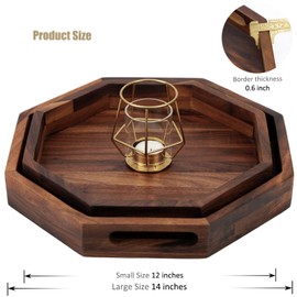 MAGIGO Set of 2 Large Octagonal Black Walnut Wood Ottoman Tray with Handles, Serve Tea, Coffee, Classic Wooden Circular Decorative Serving Tray, 14 &12 inches