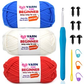 3 Pack Beginners Crochet Yarn Cotton Crochet Yarn for Crocheting Knitting Beginners with Easy-to-See Stitches Cotton-Nylon Blend Crochet Yarn for Beginners Crochet Kit(3x50g)-Blue+White+Red