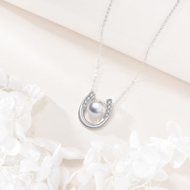 JERWLI Horseshoe Pearl Necklaces 925 Sterling Silver Horse Pendant Jewellery Gifts for Women