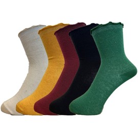 NAKAMAJITA Women's Loose Top Ruffle Crew Length Socks, Cotton Blend, 5 Pair Set, 8.7 - 9.8 inches (22 - 25 cm)