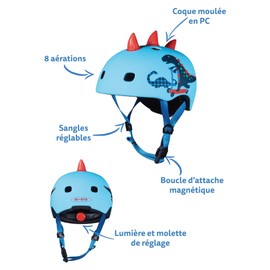 Micro Mobility - Casque Enfant Dinosaure 3D - Coque 100% intégrée + lumière - Confort et sécurité - pour Trottinette, vélo, Rollers, Skate - Réglage Facile - Attache magnétique Anti-Larmes - Taille S