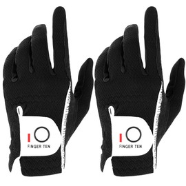 FINGER TEN Men's Golf Gloves for Right Left Handed Golfer Rain Grip Value 2 Pack, Golf Glove for Hot Wet Weather No Sweat Black Gray White Blue (Black, M/Large-Worn on Left Hand)