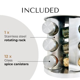 JS Gourmet Rotatable Stainless Steel Spice Seasoning Organizer Rack with 12 Glass Jars, Ideal for Storing Spices, Salt, Pepper, Sugar and Dry Ingredients
