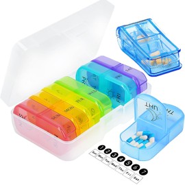 Pastillero Semanal con Cortador 2 Veces al Día, 7 días con Gran Apertura en un Lado para Fácil Llenado Pastillero Caja sin BPA para vitaminas, aceites de pescado y suplementos (Azul)