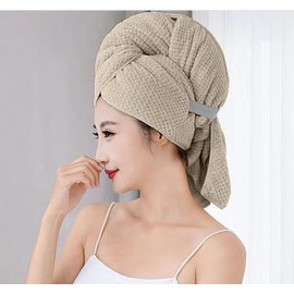Microfiber Hair Towel Wrap for Women - Ultra Soft and Absorbent Hair Towel with Elastic Band for Curly, Thick or Long Hair (Beige, One Size)
