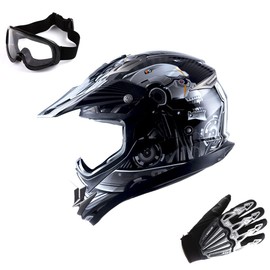 1Storm Adult Motocross Helmet Glove Goggle Bundle with MX Goggles and Skeleton Black Glove