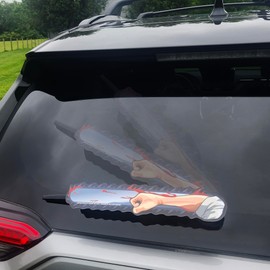 Chainsaw Arm Waving Fist with blood WiperTags attaches to rear vehicle wiper blades. Fits minivans, SUVs, hatchbacks. Detachable and interchangeable. Made in USA.