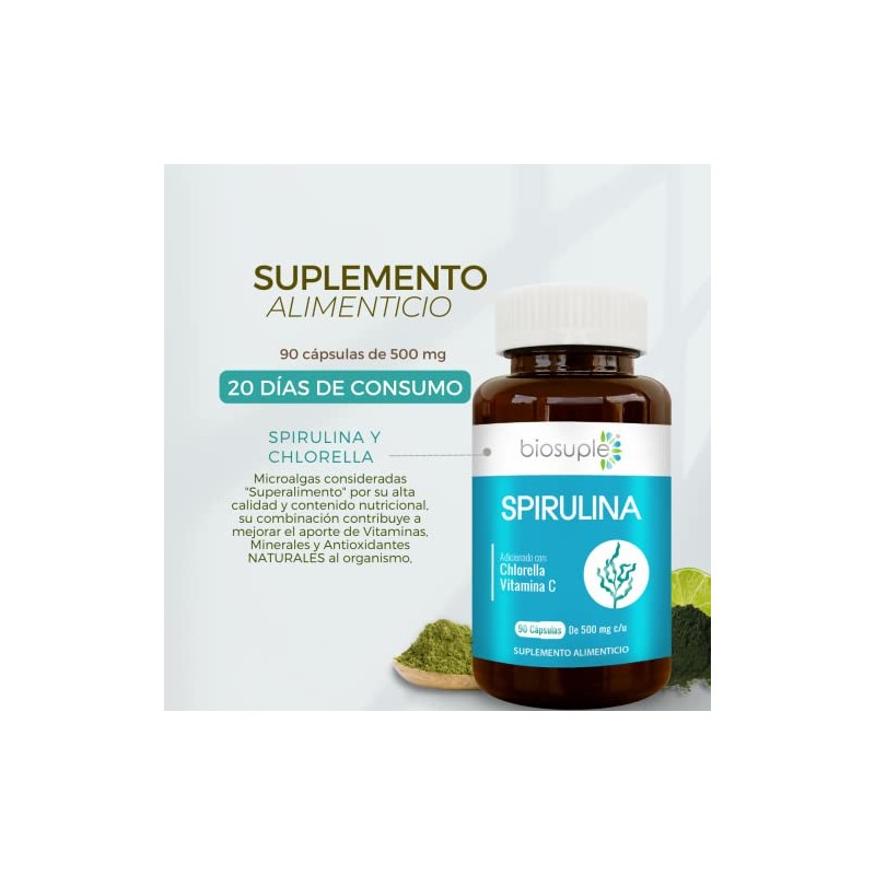 BIOSUPLE Alga Espirulina 90 cápsulas, adicionadas con Alga Chlorella y