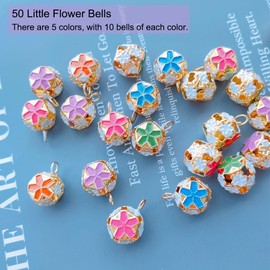 ZAYOIZY 50pcs Hollow Vintage Bells Colored Craft Jingle Bell, 0.55in Beautiful Little Bell Beads for Wind Chimes Making, Colorful Flowers on Bells, 5 Colors