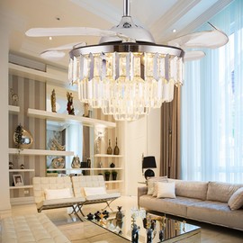 42" Crystal Ceiling Fan with Lights, Retractable Invisible Fandelier Ceiling Fan Chandelier with Remote Control LED for Bedroom/Living Room Polished Modern Chrome Silver 6 Speed 3 Light