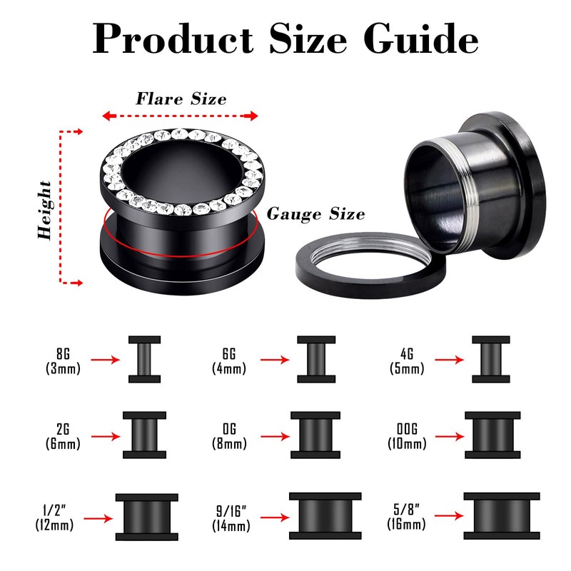 Qmcandy 8pcs Stainless Steel Cubic Zirconia Tunnels for Ears Single