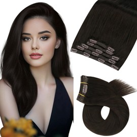 Moresoo Real Hair Extensions Clip 40 cm Darkest Brown Clip-In Extensions Real Hair 5 Pieces 80 g Straight Hair Easy to Wear Lightweight and Portable #2