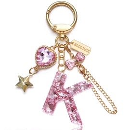 Bling Cute Keychain Initial Letter Gift for Women Girls Pink Purple Key Chain Cup Bag Charms Accessories