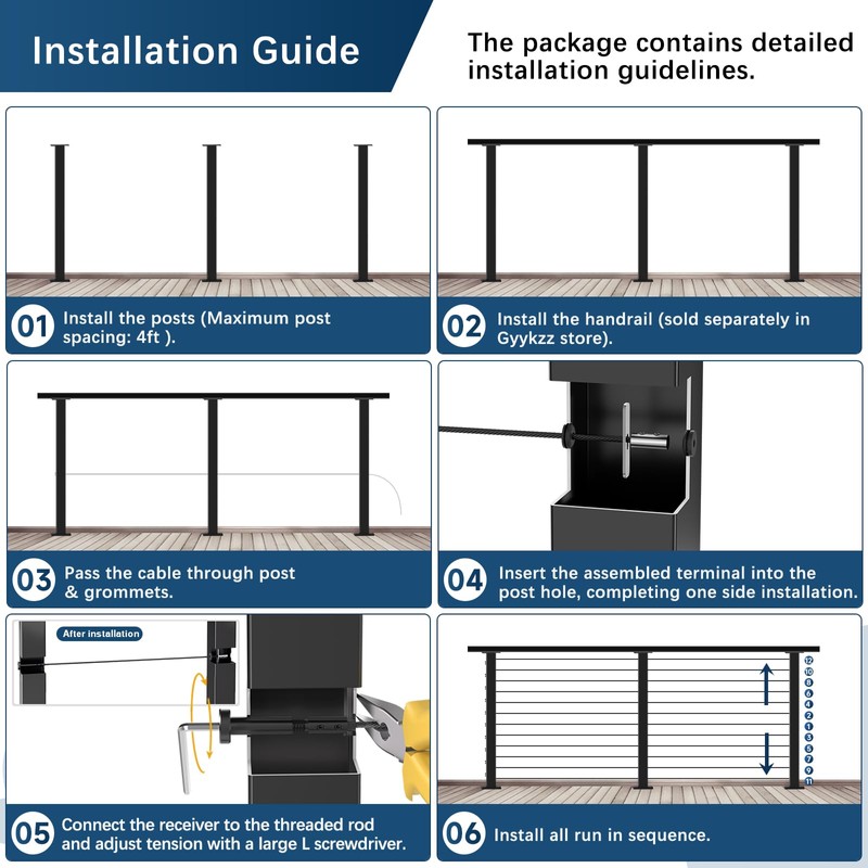 Gyykzz 42" Swageless Black Cable Railing Post, T304 Stainless Steel