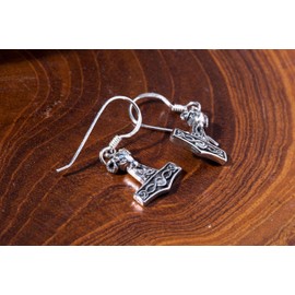 WINDALF Vintage Vikings Earrings Mjölnar 2.4 cm Viking Thor's Hammer Earrings Antique 925 Sterling Silver, Fabric