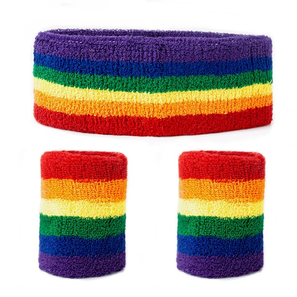AYNKH 3PCS Rainbow Striped Sweatbands, Cotton Moisture Wicking Sports Headband