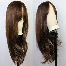 mszyhuwan Platinum Highlights Dark Brown Heat Resistant Synthetic Wig Pre-layered Women's Wig Long Bangs Middle Part Glueless No Lace Scalp Base Full Machine Made Hair Replacement Wig