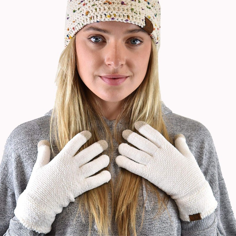 C.C Winter Warm Eco-Friendly Knit Chenille Touchscreen Texting Gloves, Ivory